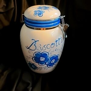 Lilian Vernon biscoitti jar  20 in tall blue and white